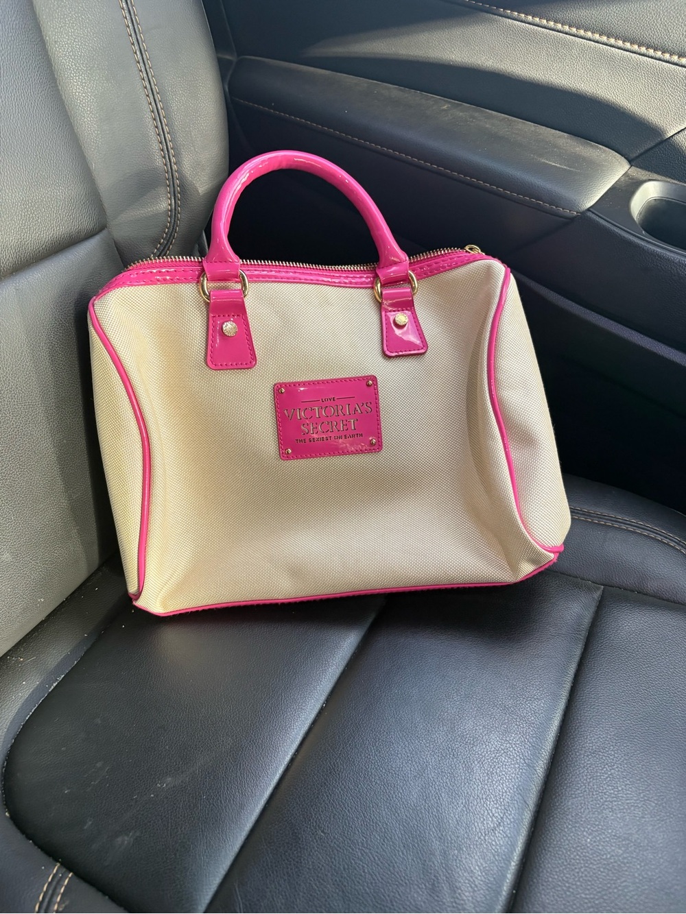 Victoria's Secret Beige Tote with Hot Pink Trim